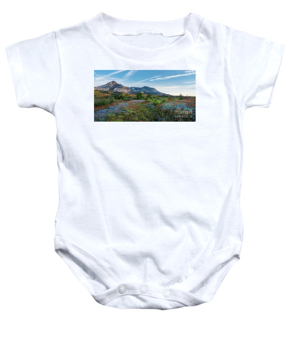Mount St Helens Baby Onesie featuring the photograph Mount St Helens Glorious Field of Spring Wildflowers Wider by Mike Reid