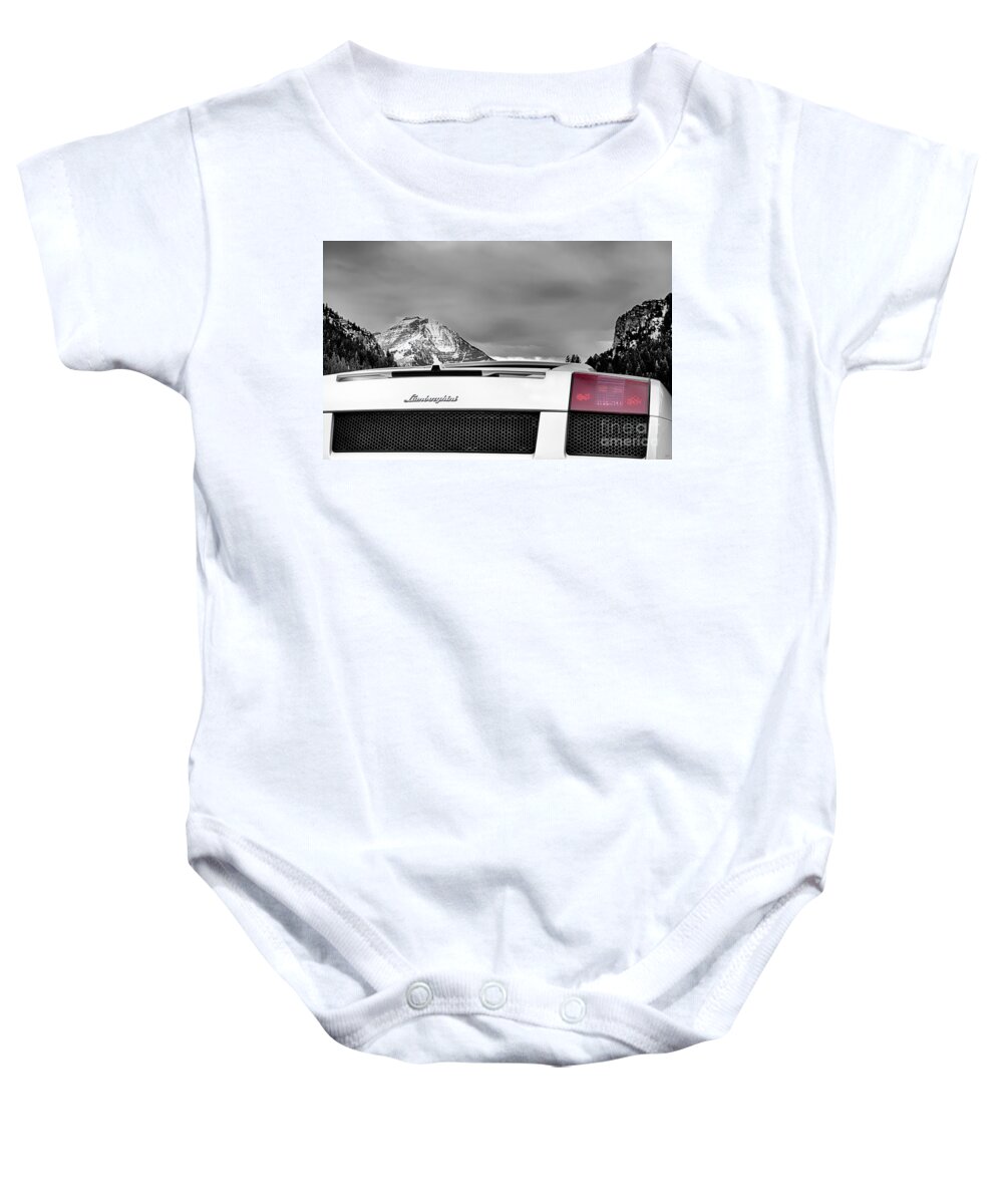Mountain Lamborghini Baby Onesie featuring the photograph Mountain Lamborghini, White, Christmas Gift for Husband, Lambo, by David Millenheft