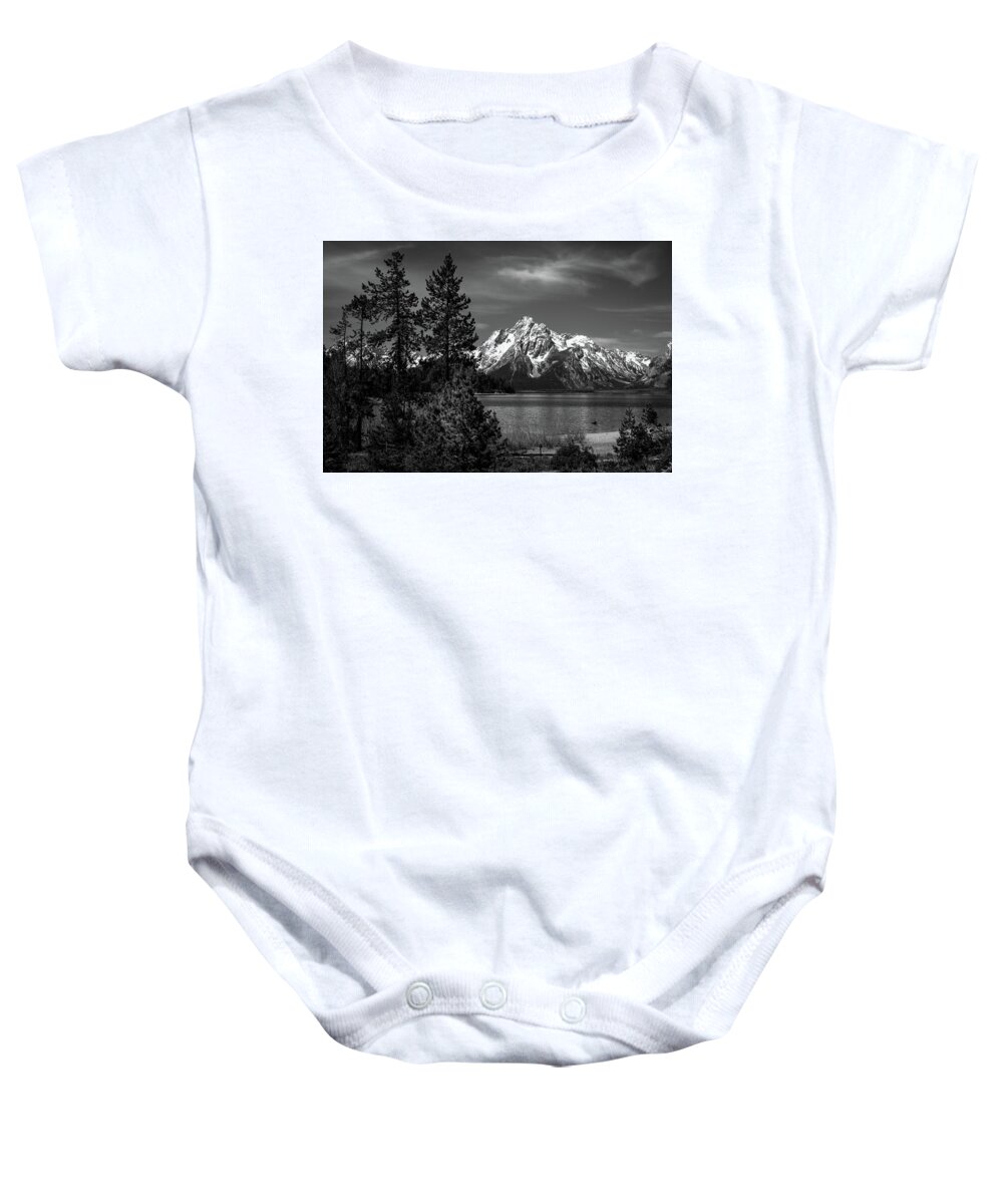 Mt. Moran Baby Onesie featuring the photograph Mt. Moran and trees by Stephen Holst