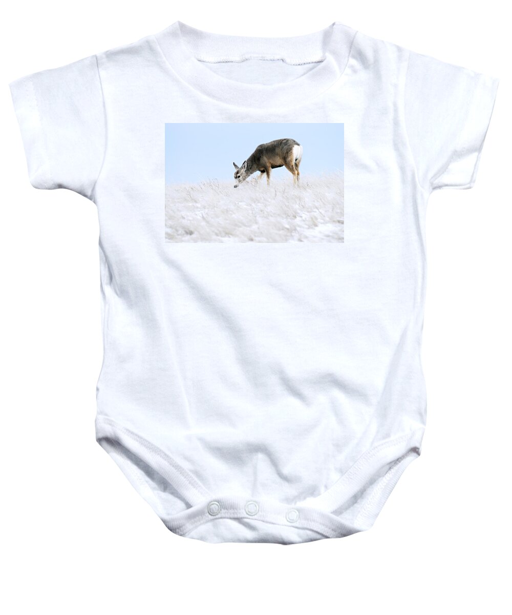 Badlands National Park Baby Onesie featuring the photograph Mule Deer in the Snow by Larry Ricker