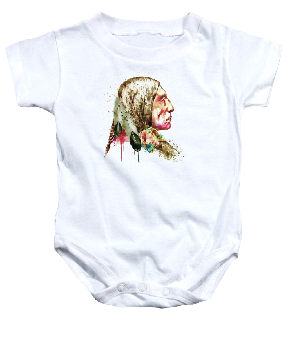 Marian Voicu Baby Onesie featuring the painting Native American Side Face by Marian Voicu
