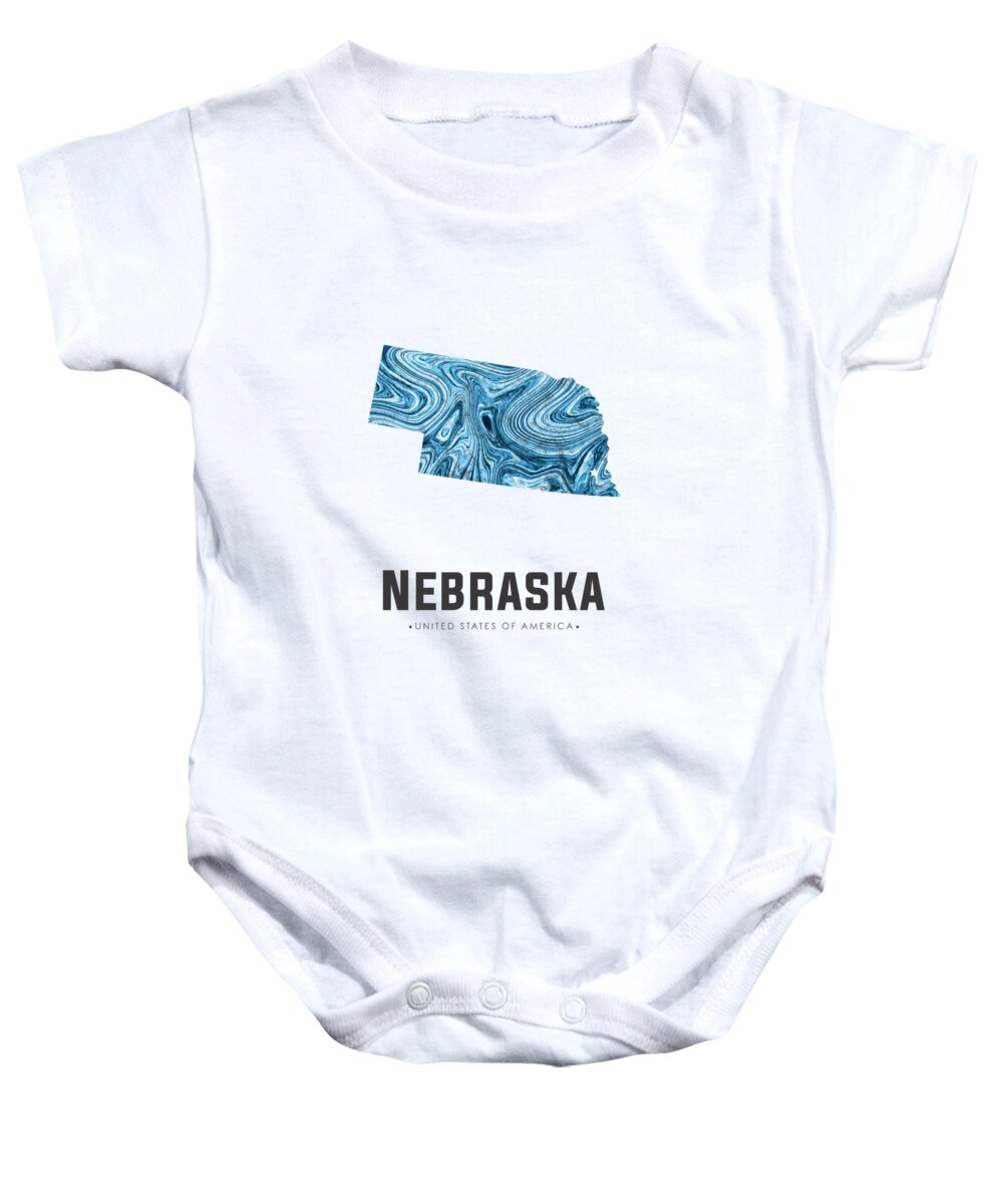 Nebraska Baby Onesie featuring the mixed media Nebraska Map Art Abstract in Blue by Studio Grafiikka