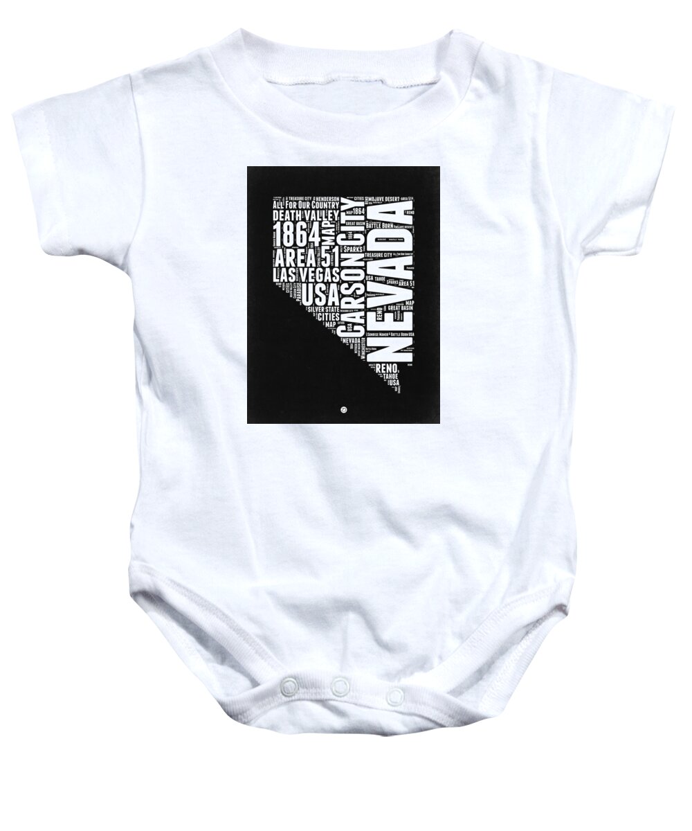 Nevada Baby Onesie featuring the digital art Nevada Word Cloud Black and White Map by Naxart Studio
