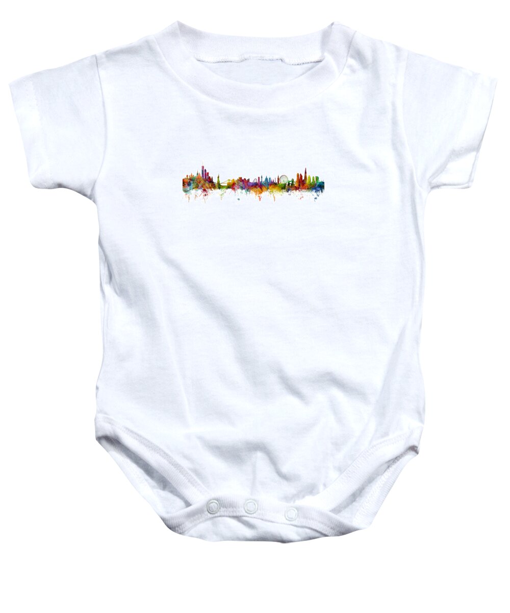 Cityscape Baby Onesie featuring the digital art New York and London Skyline Mashup by Michael Tompsett