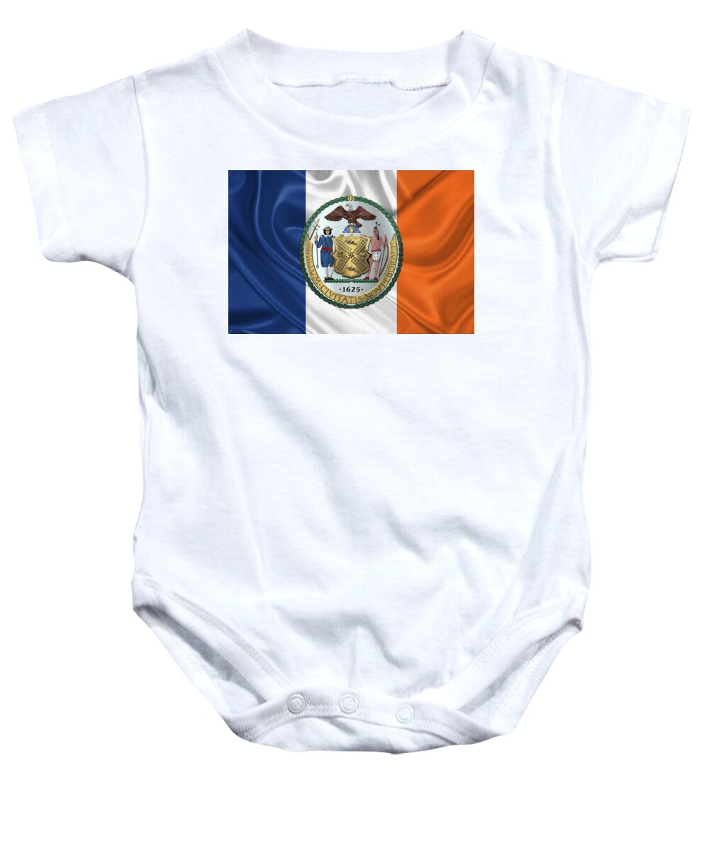'cities Of The World' Collection By Serge Averbukh Baby Onesie featuring the digital art New York City Coat of Arms - City of New York Seal over N Y C Flag by Serge Averbukh