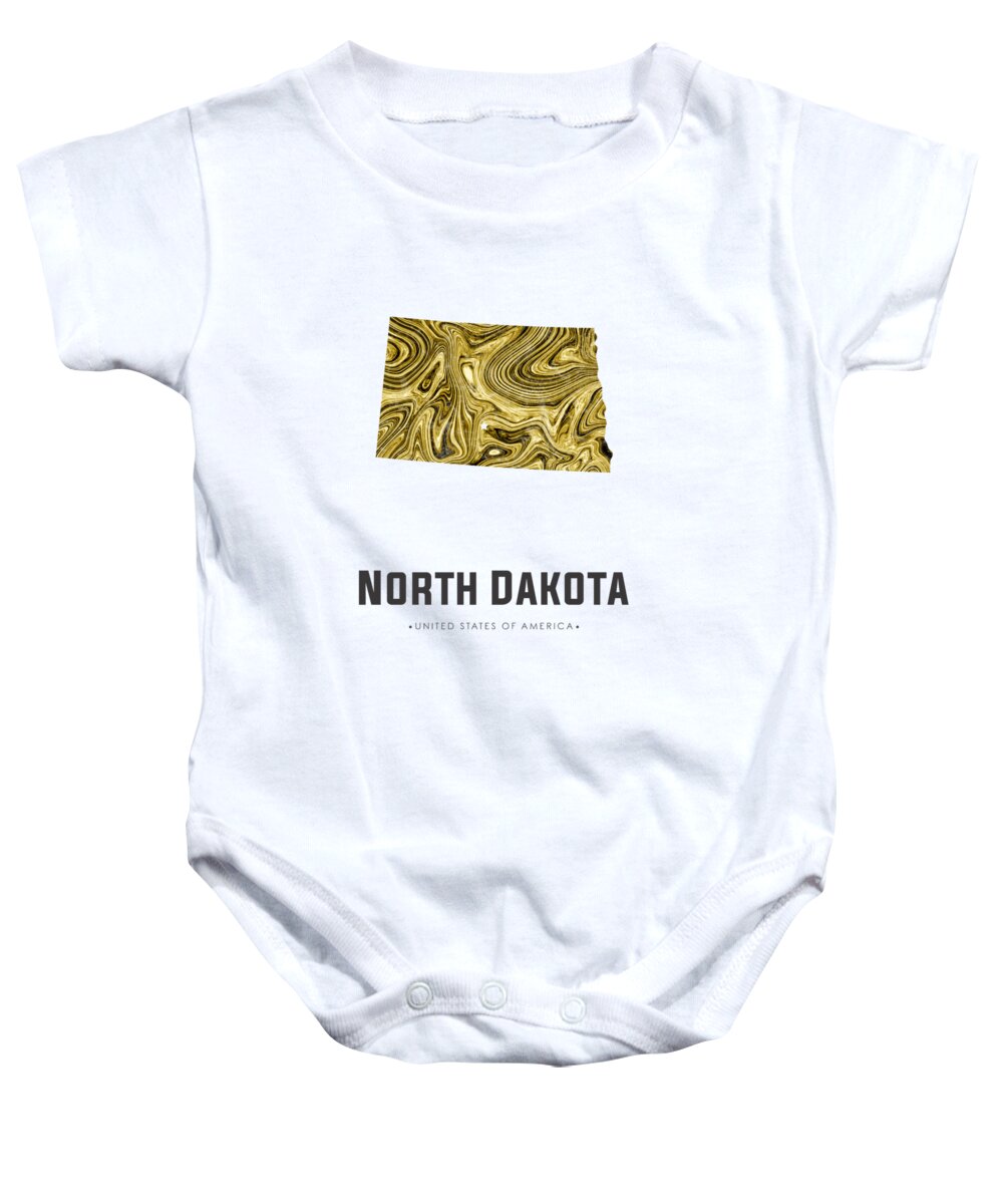North Dakota Baby Onesie featuring the mixed media North Dakota Map Art Abstract in Golden Brown by Studio Grafiikka