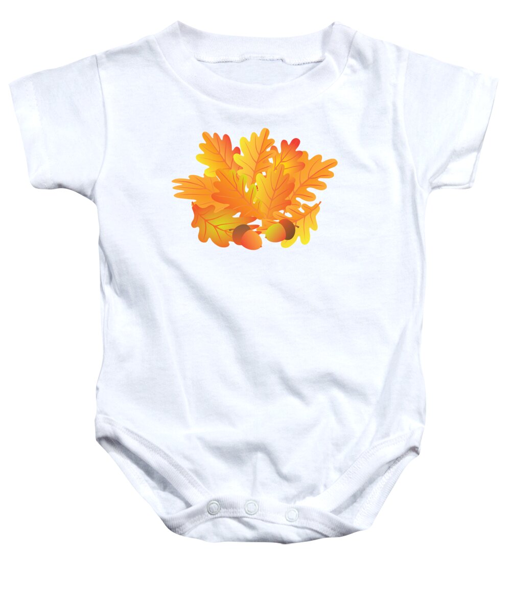 Oak; Leaves; Acorn; Fruit; Nut; Ripe; Fall; Harvest; Season; Autumn; Colors; Nature; Orange; Yellow; Tree; Foliage; Isolated; White; Background; Drawing; Illustration; Vector Baby Onesie featuring the photograph Oak Leaves and Acorn in Fall Illustration by Jit Lim