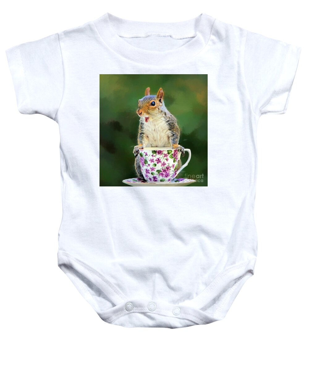 Squirrel Baby Onesie featuring the mixed media Oh Happy Day by Tina LeCour