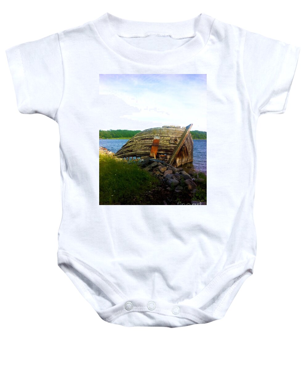 Old Baby Onesie featuring the photograph Old ship wreck in Sweden 5 by Micah May