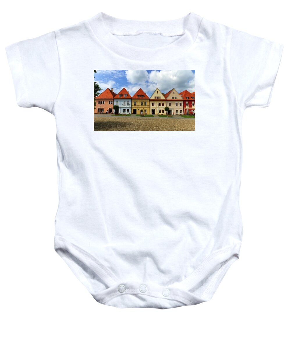 Town Baby Onesie featuring the photograph Old town houses in Bardejov, Slovakia by Elenarts - Elena Duvernay photo