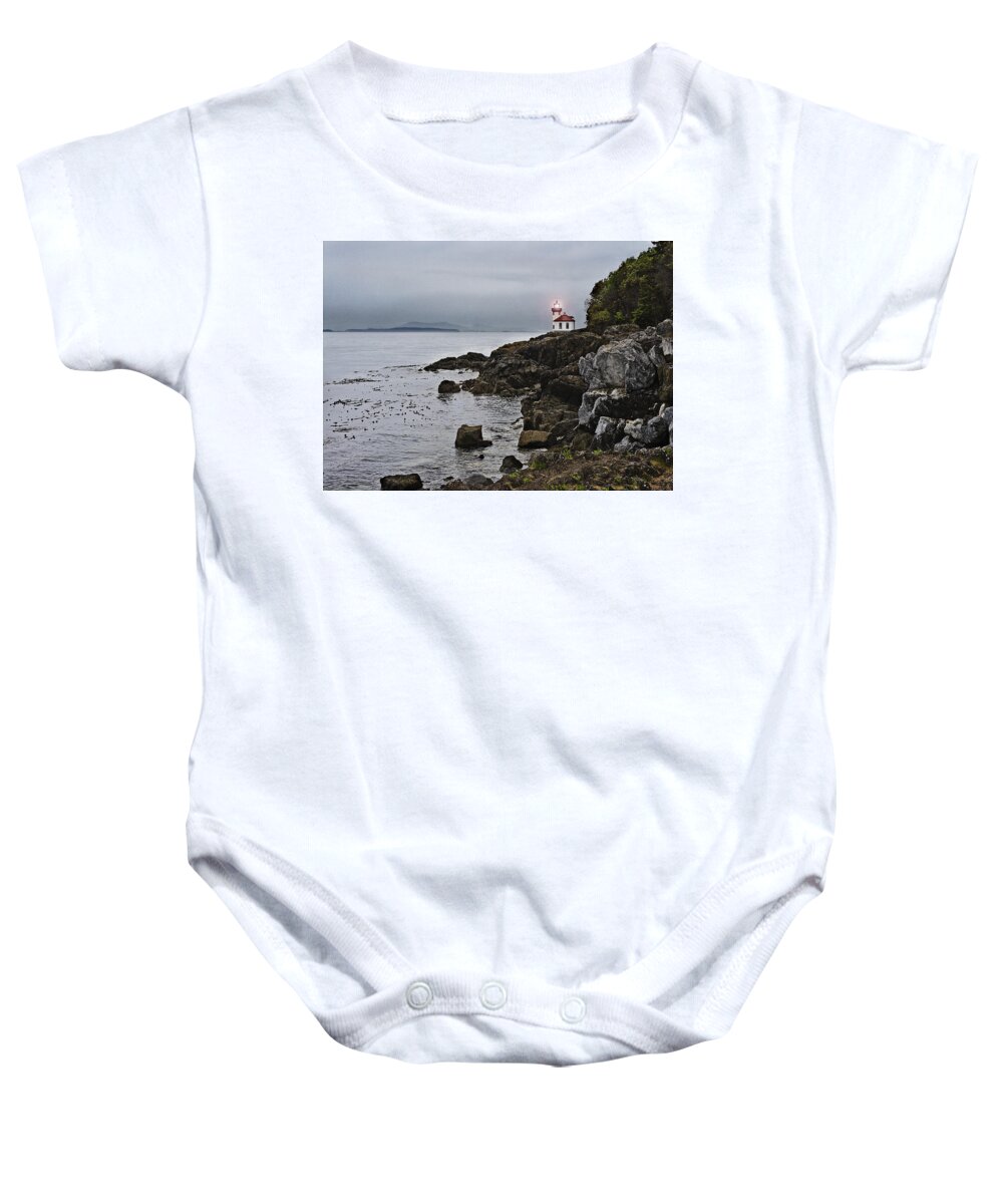 Rocks Baby Onesie featuring the photograph On Rugged Shores by John Christopher