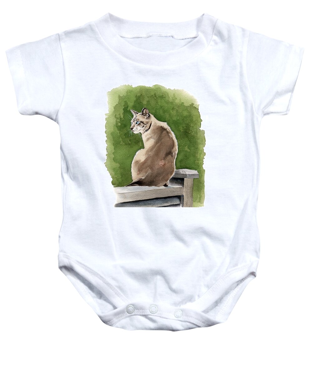 Cat Baby Onesie featuring the painting On The Fence by Louise Howarth
