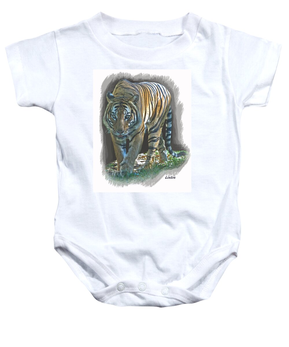 Malayan Tiger Baby Onesie featuring the digital art On The Prowl by Larry Linton