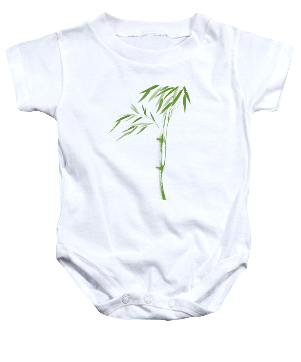 Bamboo Baby Onesie featuring the mixed media Oriental Zen illustration of a green bamboo stalk with leaves by Awen Fine Art Prints