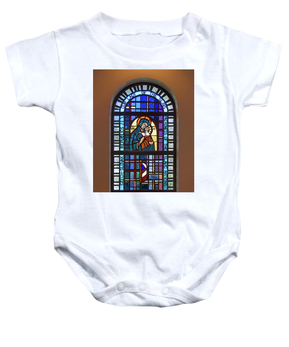 Stained Glass Window Baby Onesie featuring the photograph Our Lady of the Slavs by Sally Weigand