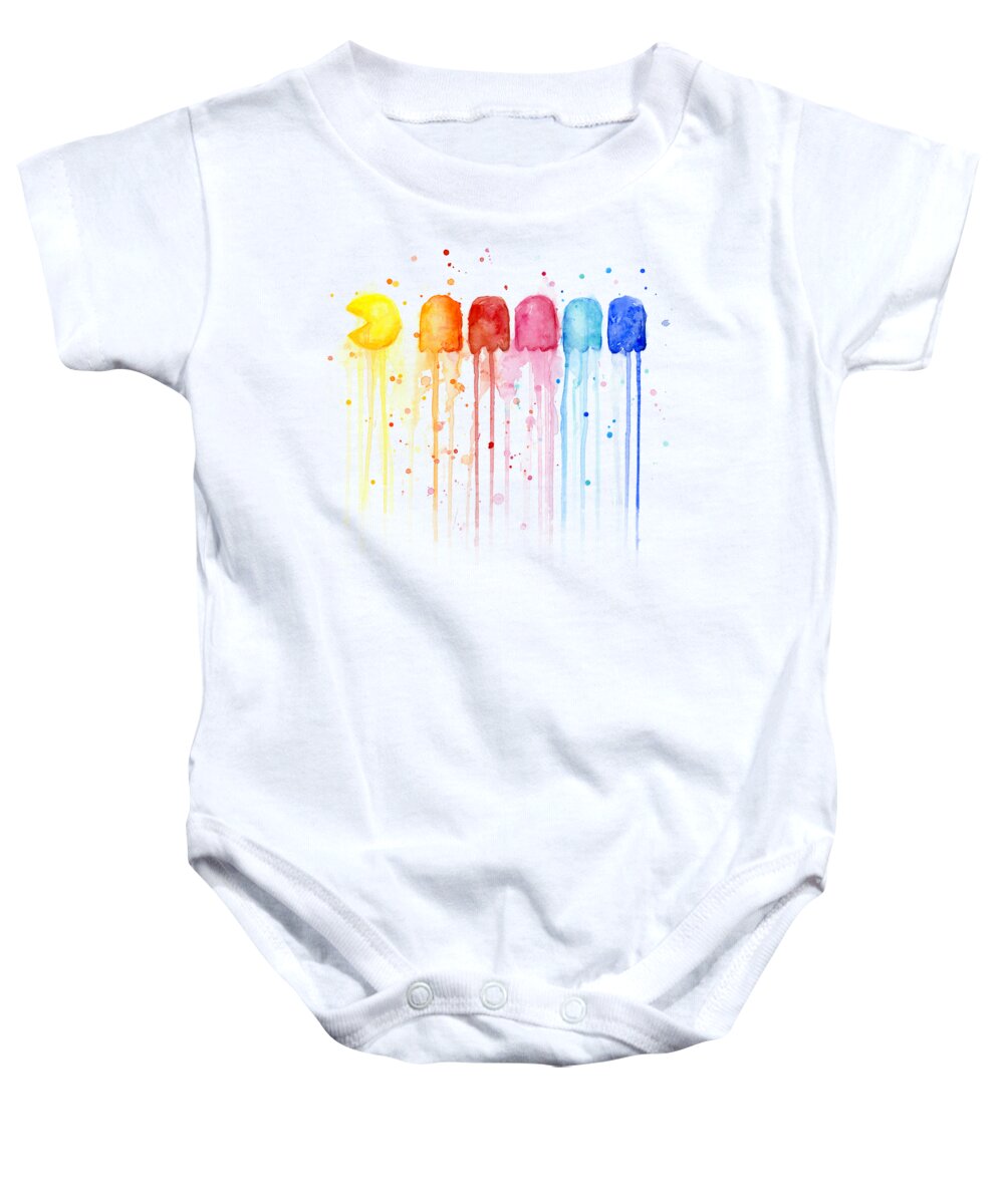 Game Baby Onesie featuring the painting Pacman Watercolor Rainbow by Olga Shvartsur