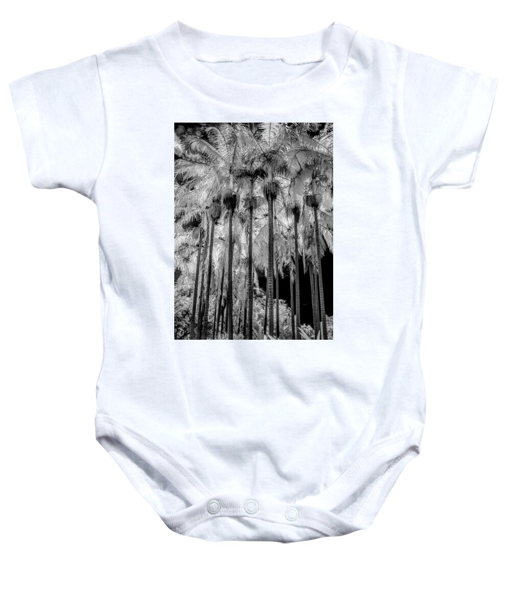 The Huntington Library Baby Onesie featuring the photograph Palm Trees at The Huntington Library in Black and White Infrared by Randall Nyhof