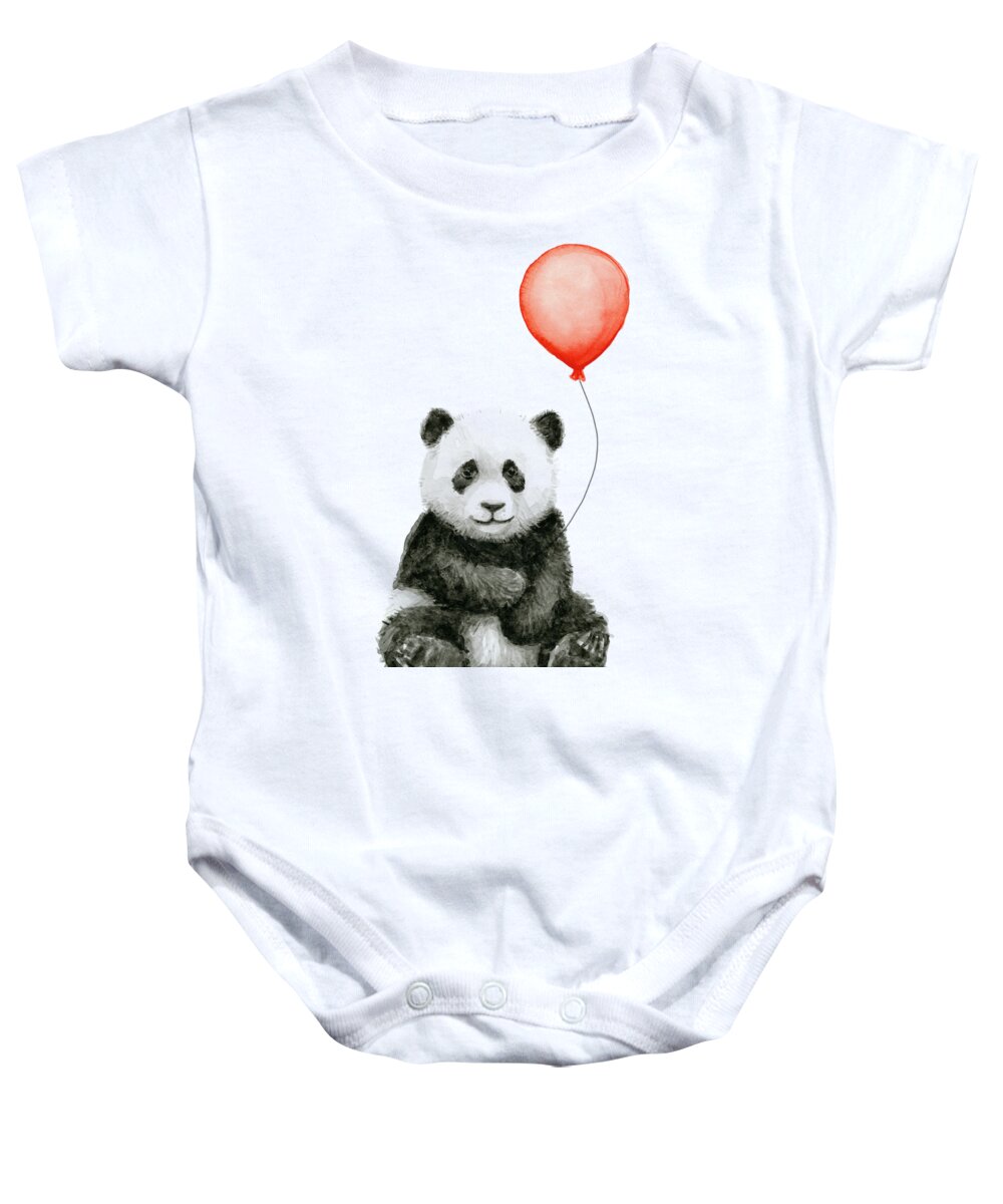 Baby Panda Baby Onesie featuring the painting Panda Baby and Red Balloon Nursery Animals Decor by Olga Shvartsur