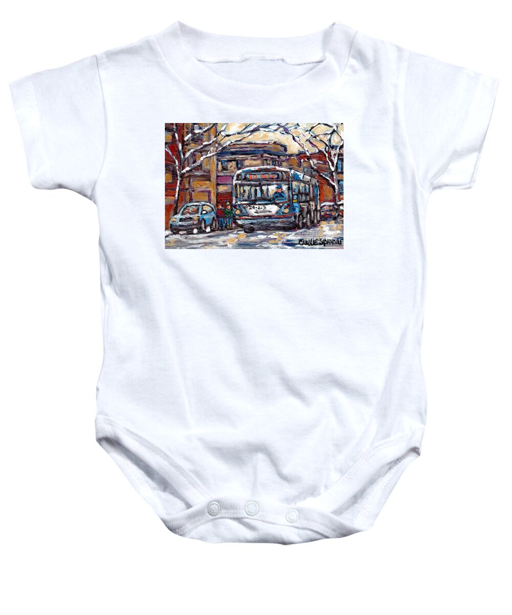 Montreal Bus Baby Onesie featuring the painting Park Avenue Winterscene Paintings For Sale All Aboard The 80 Bus Montreal Art For Sale C Spandau   by Carole Spandau