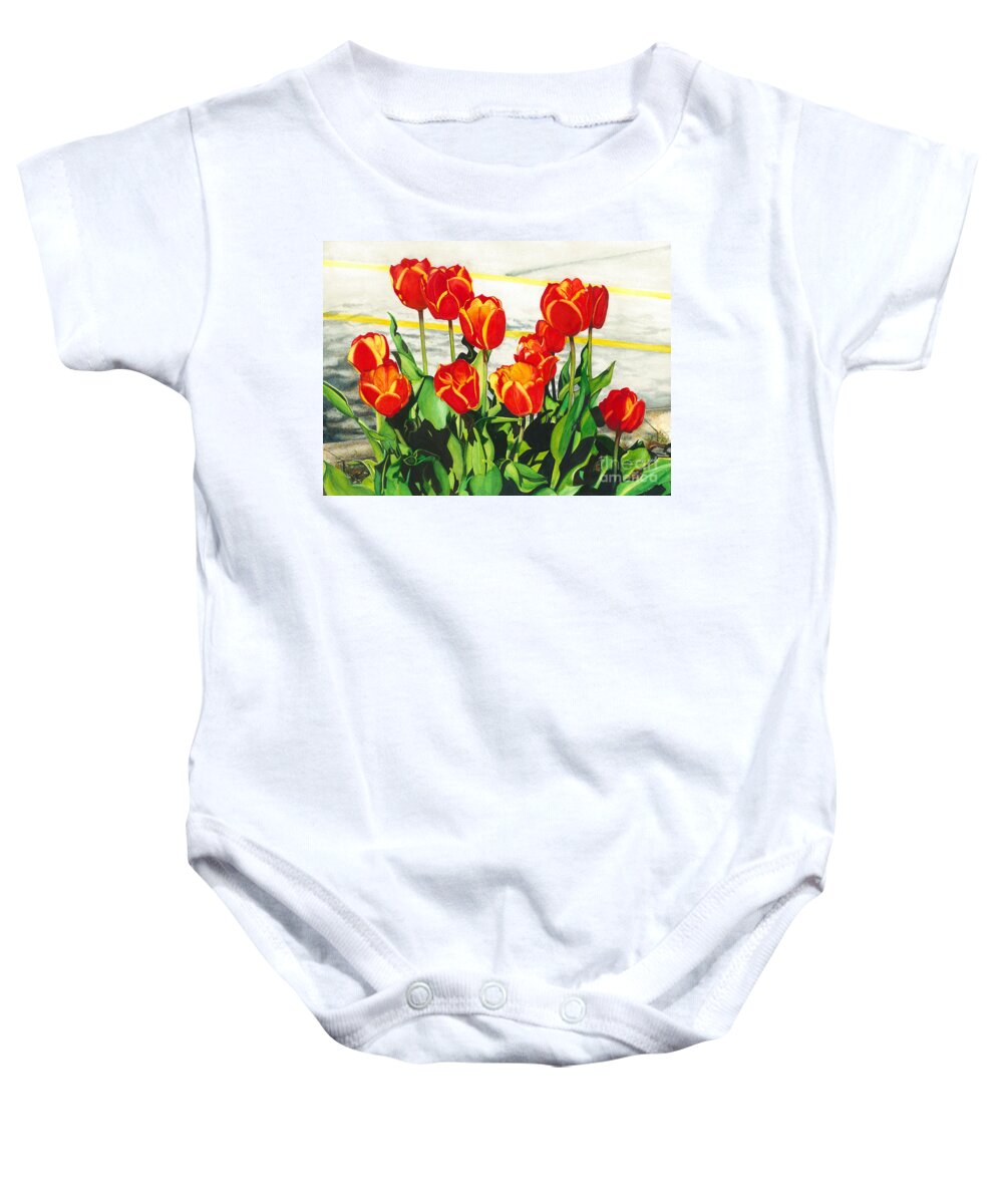 Watercolor Flowers Baby Onesie featuring the painting Parking Lot tulips by Barbara Jewell