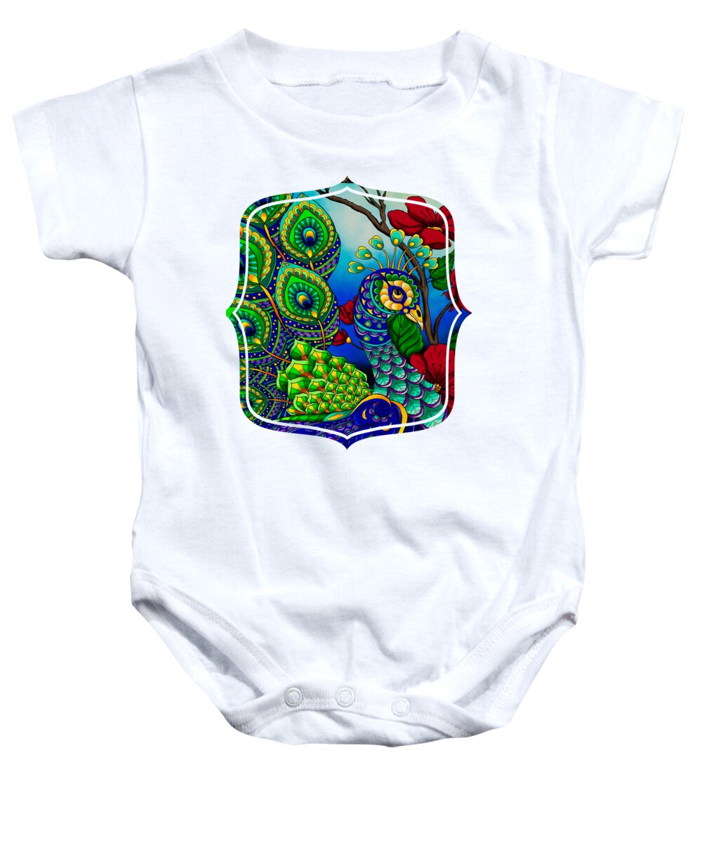 Peacock Baby Onesie featuring the painting Peacock Zentangle Inspired Art by Becky Herrera