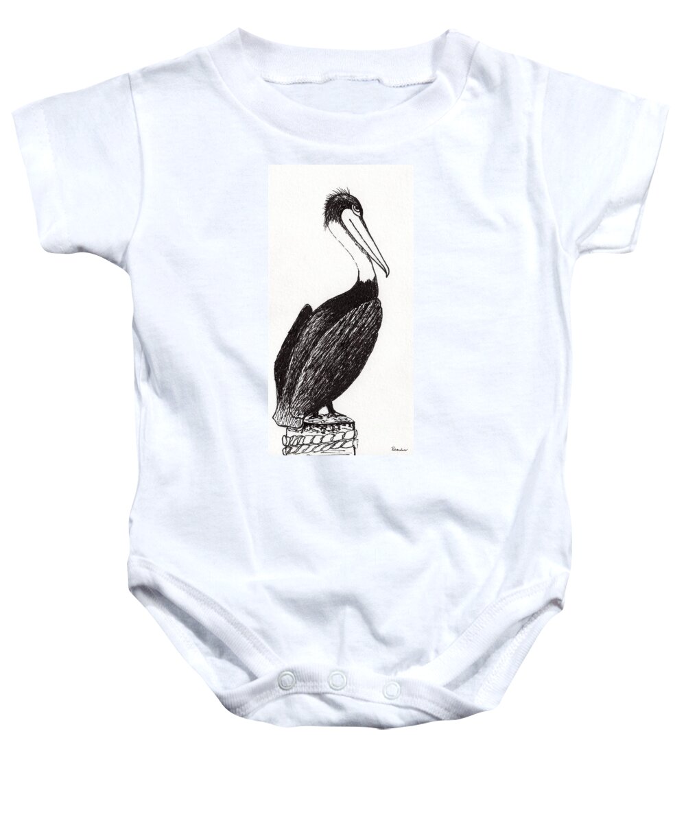 Animals Baby Onesie featuring the drawing Pelican Paradise Portrait in Ink C2L by Ricardos Creations