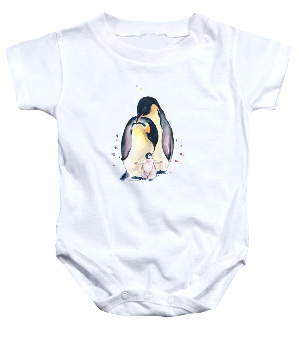 Penguin Baby Onesie featuring the painting Penguins Family Watercolor by Melly Terpening