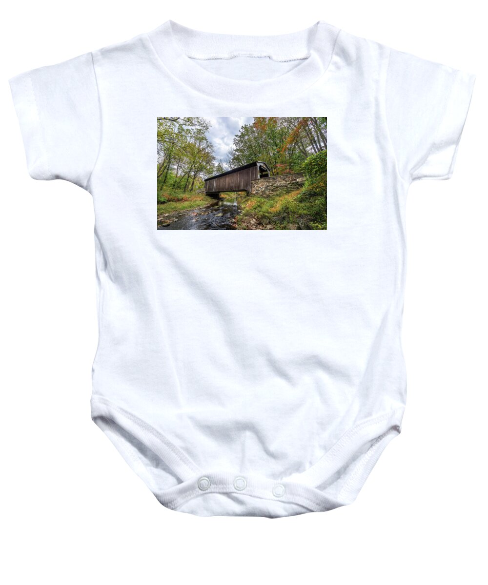 Bridge Baby Onesie featuring the photograph Pennsylvania Covered Bridge in Autumn by Patrick Wolf