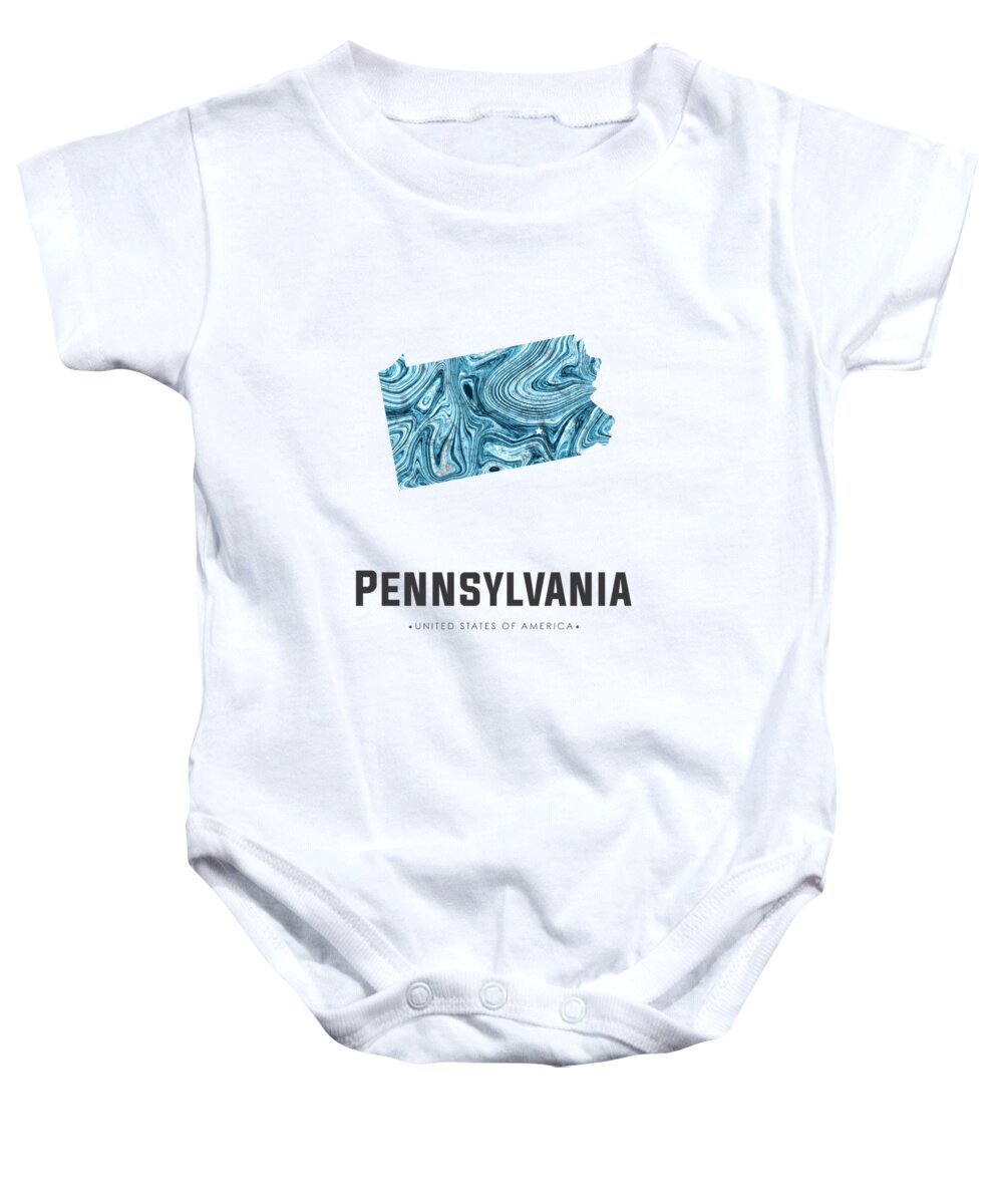 Pennsylvania Baby Onesie featuring the mixed media Pennsylvania Map Art Abstract in Blue by Studio Grafiikka