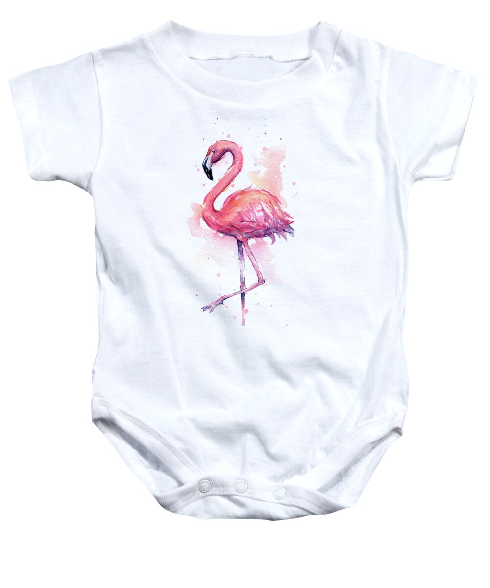 Flamingo Baby Onesie featuring the painting Pink Flamingo Watercolor Tropical Bird by Olga Shvartsur
