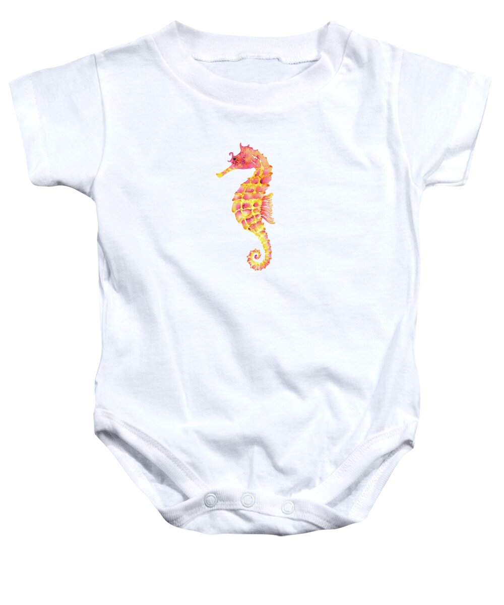 Seahorse Painting Baby Onesie featuring the painting Pink Yellow Seahorse - Square by Amy Kirkpatrick