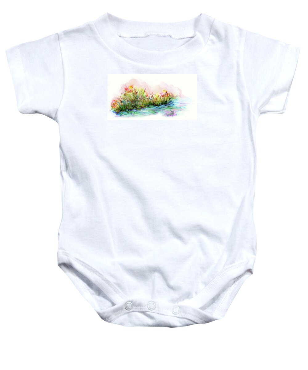 Pond Baby Onesie featuring the painting Sunrise Pond by Lauren Heller