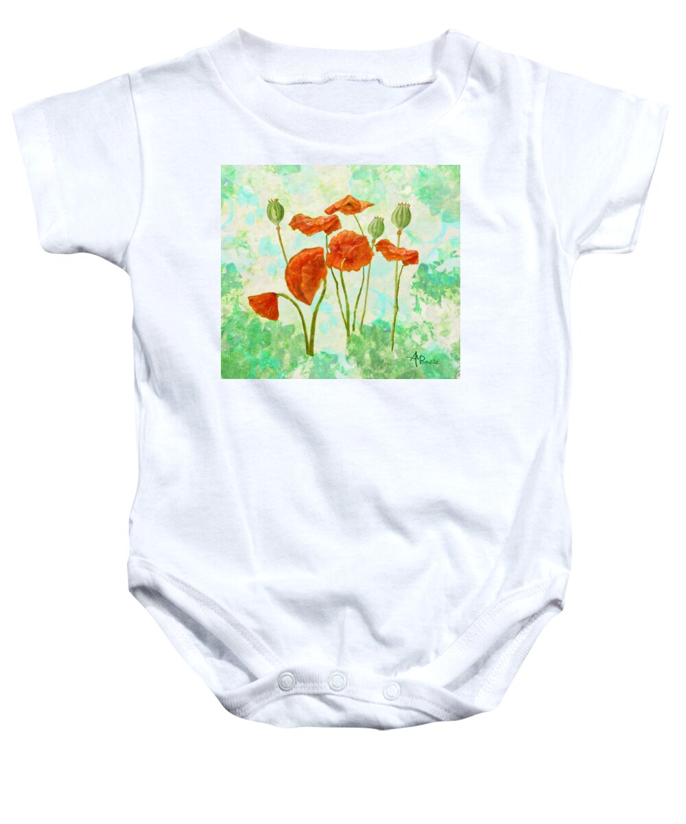 Poppies Baby Onesie featuring the mixed media Poppies by Angeles M Pomata