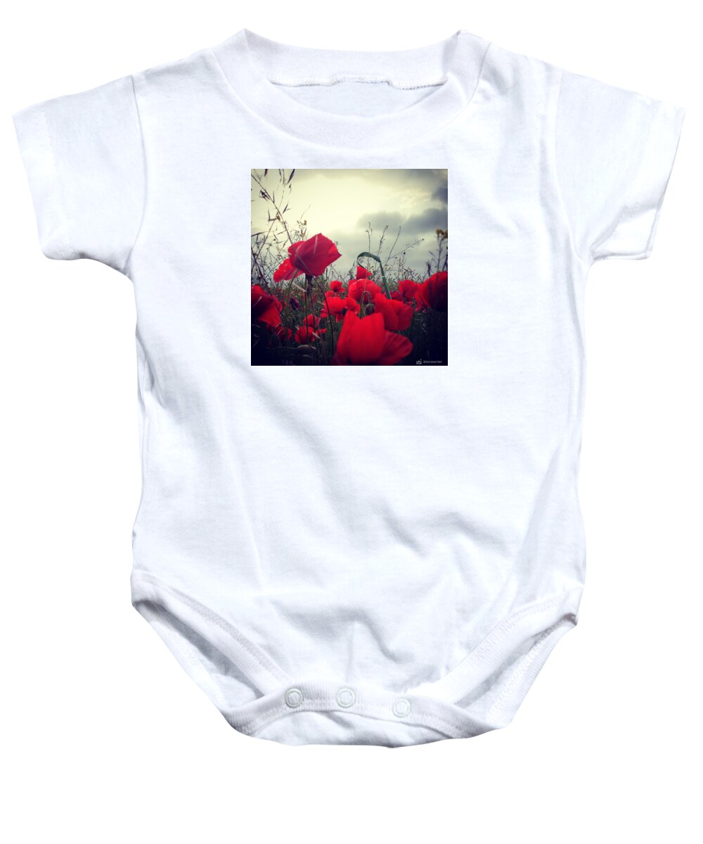Poppies Baby Onesie featuring the photograph Poppies field and Clouds by Miguel Angel