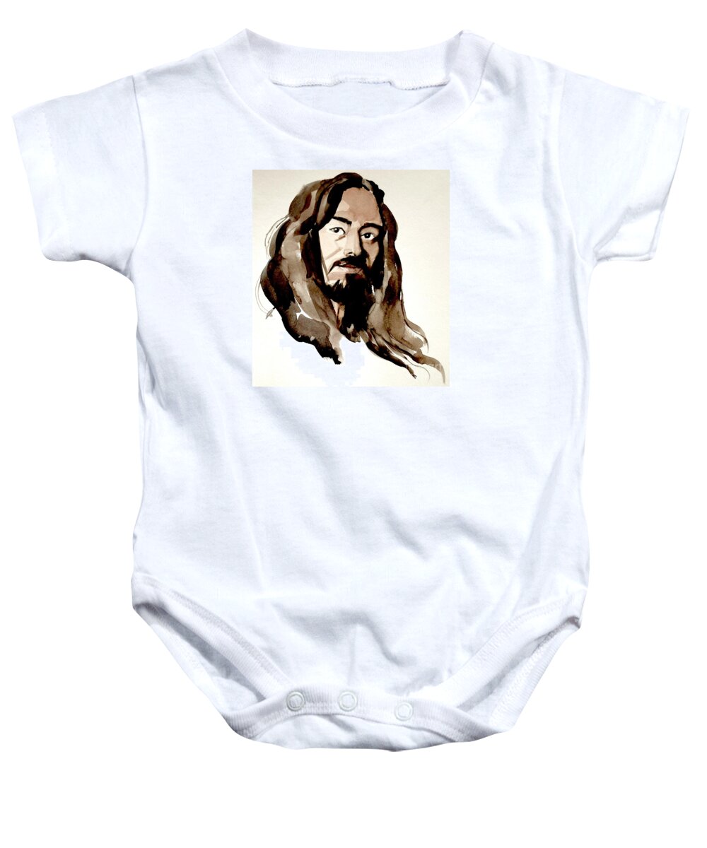 Portrait Baby Onesie featuring the painting Watercolor Portrait of a Man with Long Hair by Greta Corens