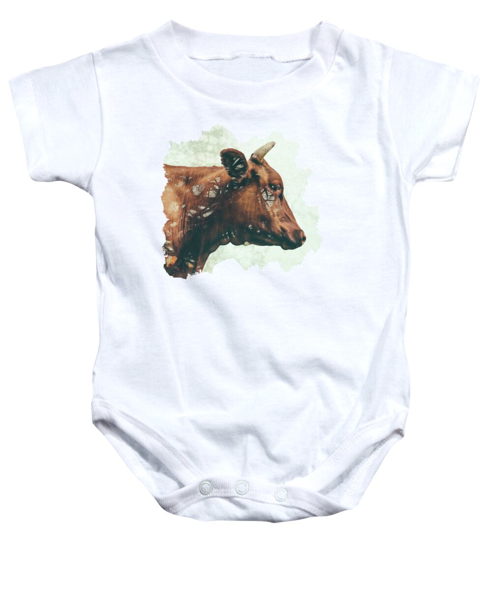 Cow Wildlife Animal Abstract Friend Baby Onesie featuring the digital art Portrait of Bess by Katherine Smit