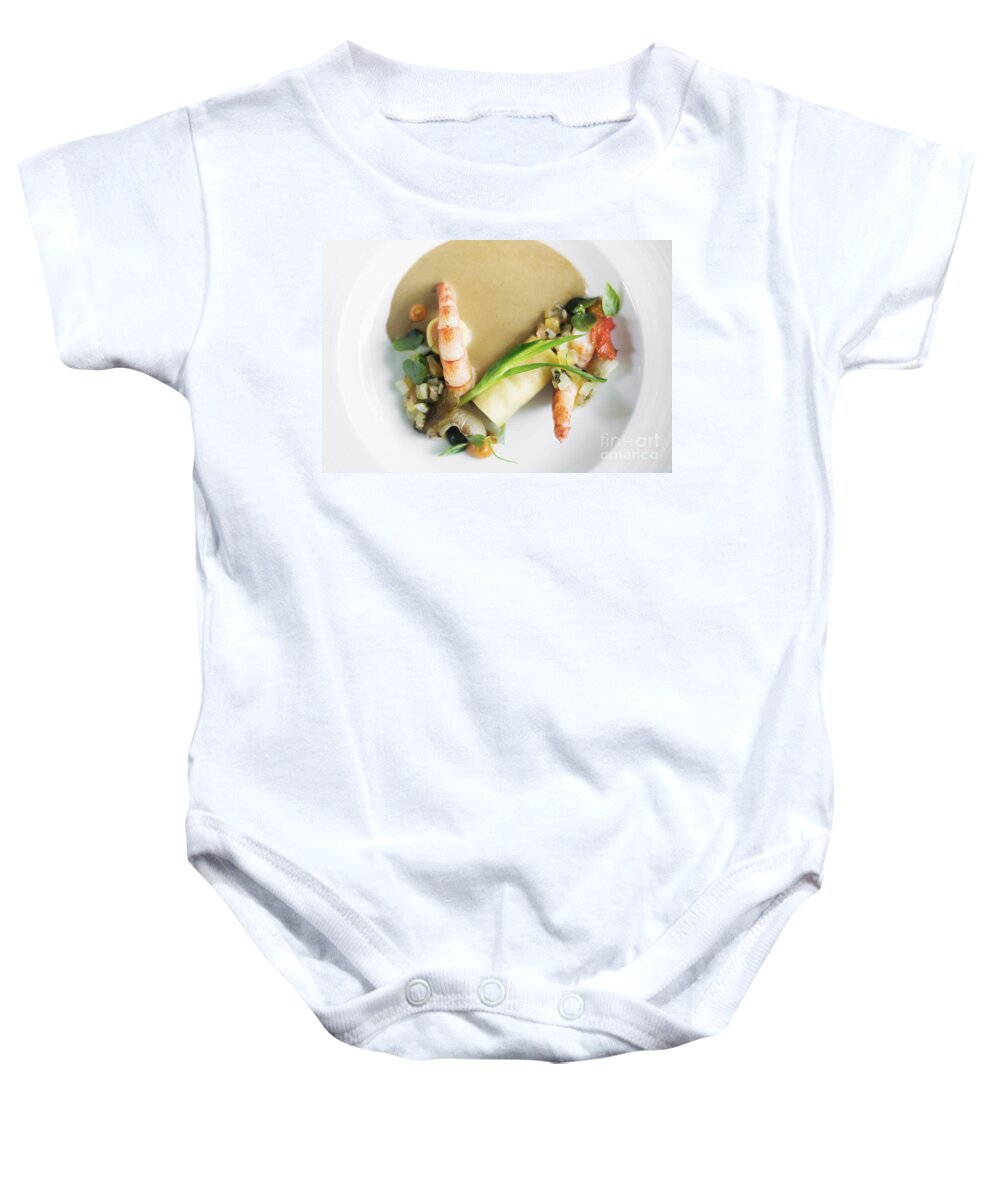 Cuisine Baby Onesie featuring the photograph Prawns With Grilled Vegetables Prawn Mousse Roll And Mushroom Sauce by JM Travel Photography