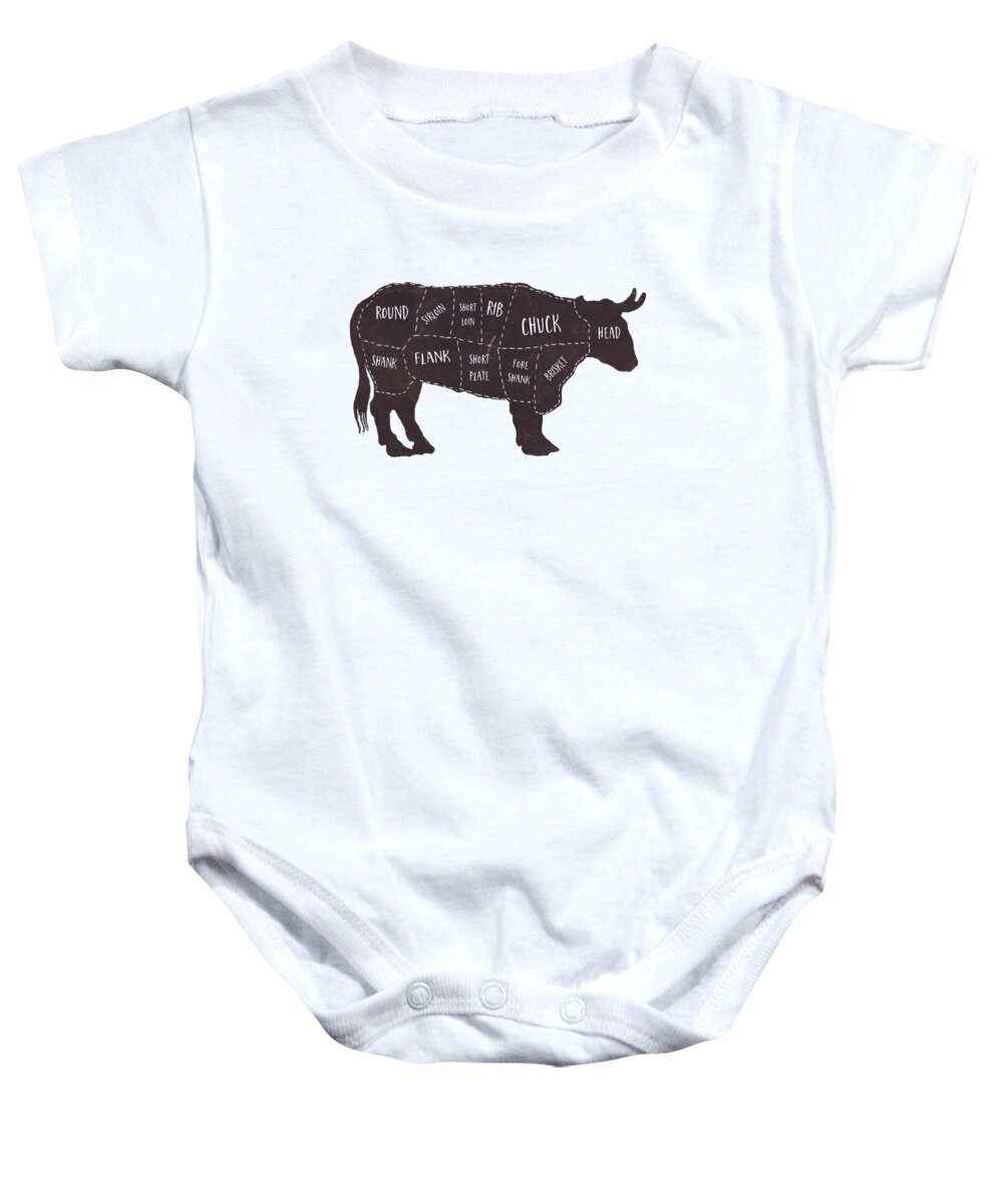 Beef Baby Onesie featuring the photograph Primitive Butcher Shop Beef Cuts Chart t-shirt by Edward Fielding