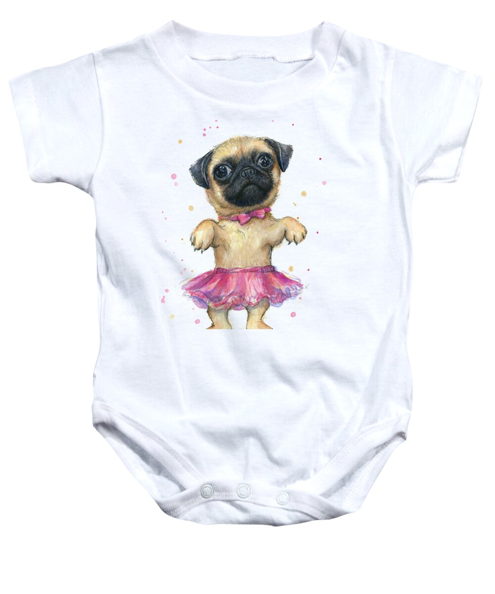 Pug Baby Onesie featuring the painting Pug in a Tutu by Olga Shvartsur