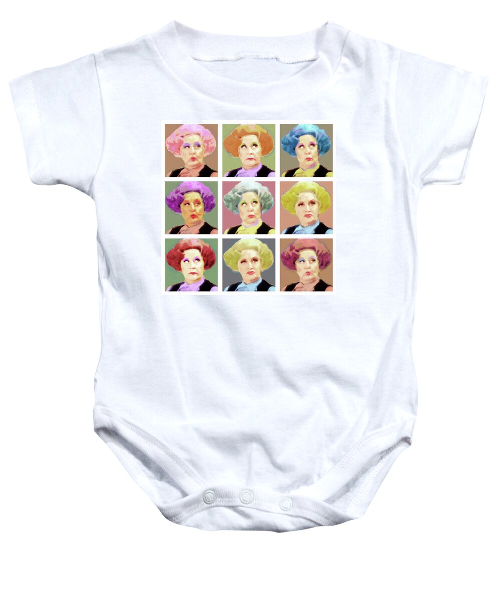 Celebrities Baby Onesie featuring the digital art Pussy Galore - Nine Lives - Mollie Sugden Portrait, Are You Being Served? by BFA Prints