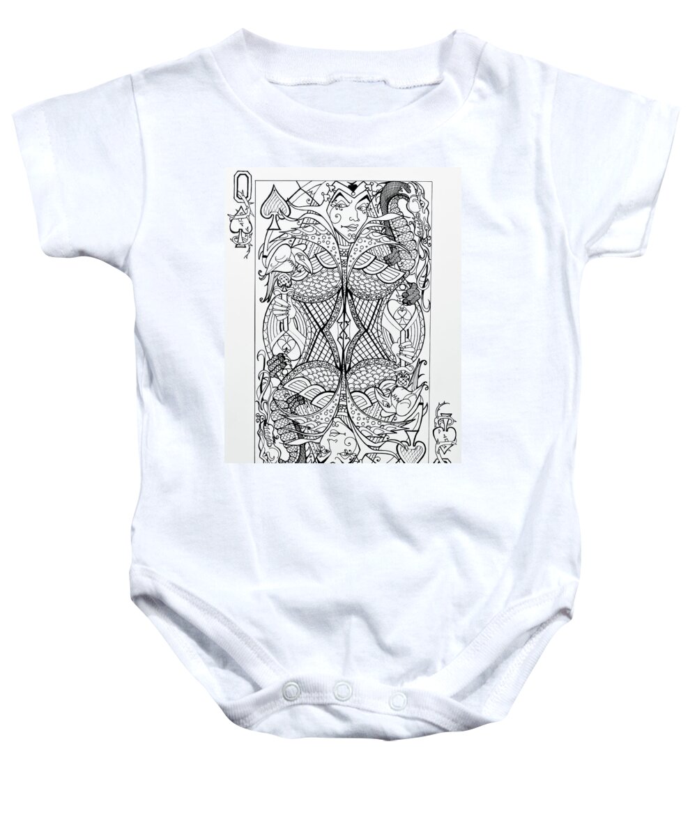 Queen Of Spades Baby Onesie featuring the drawing Queen Of Spades by Jani Freimann