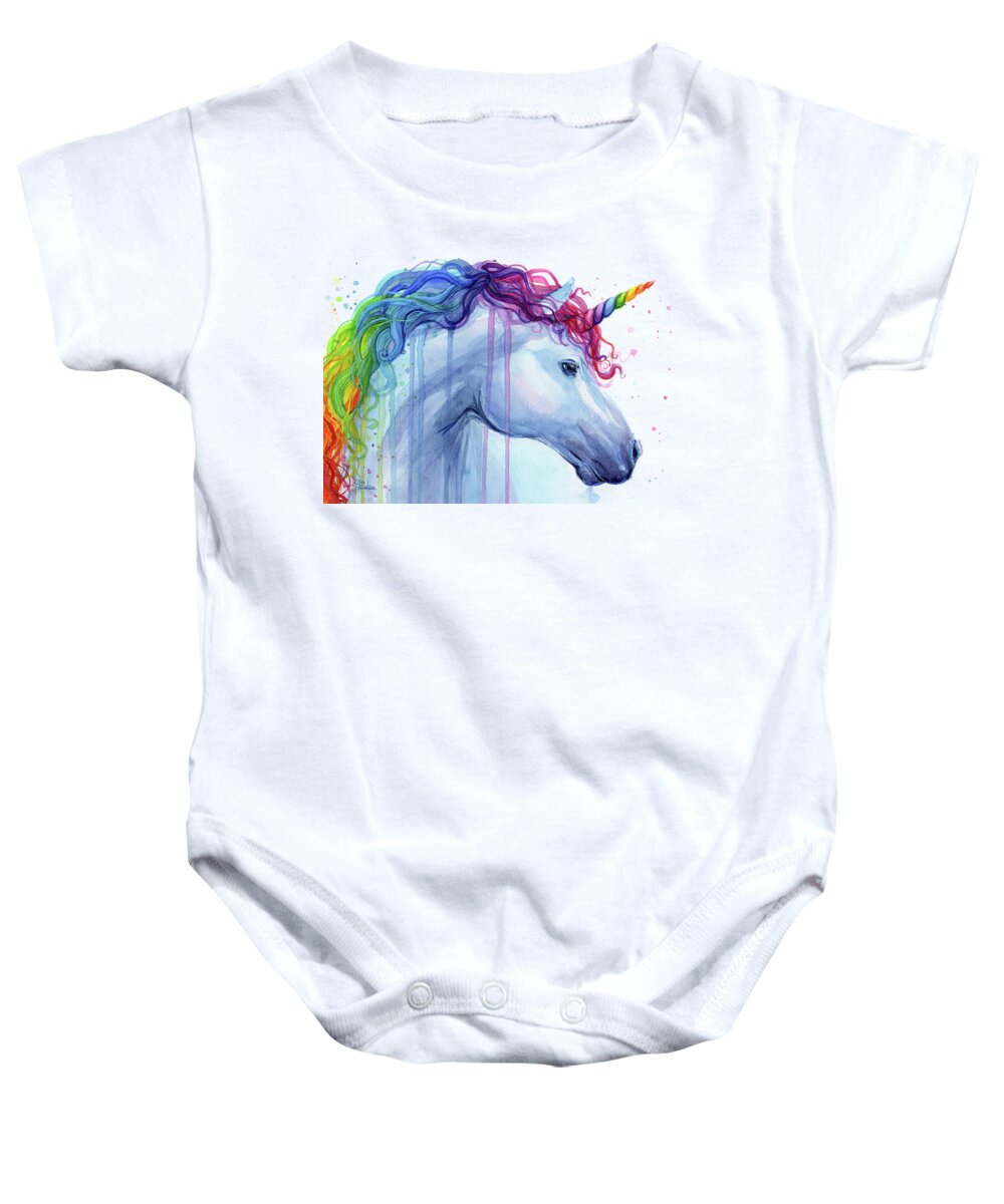 Unicorn Baby Onesie featuring the painting Rainbow Unicorn Watercolor by Olga Shvartsur