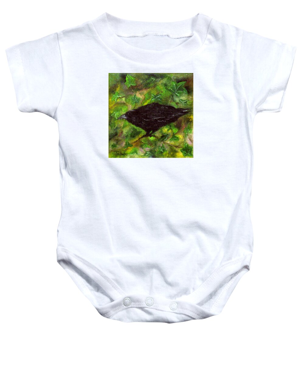 Raven Baby Onesie featuring the painting Raven in Ivy by FT McKinstry
