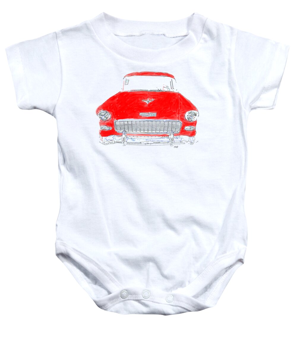Tee Baby Onesie featuring the drawing Red Chevy T-Shirt by Edward Fielding