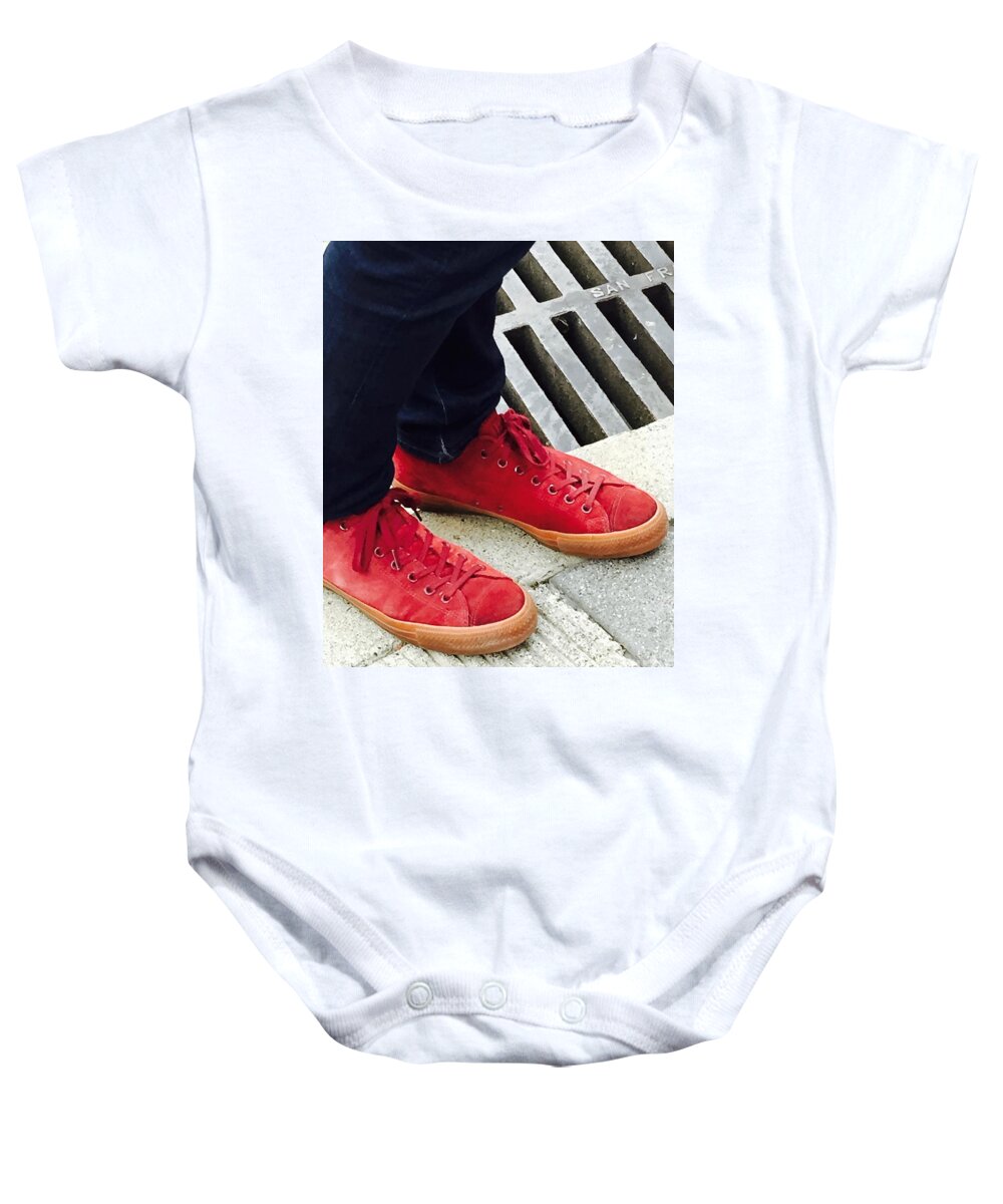 Red Sneakers Selective Color Pattern Contrast Baby Onesie featuring the photograph Red Sneakers by J Doyne Miller