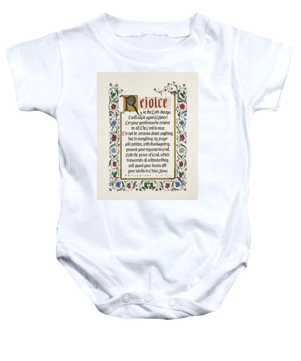 Bible Books Baby Onesie featuring the painting Rejoice II by Judy Dodds