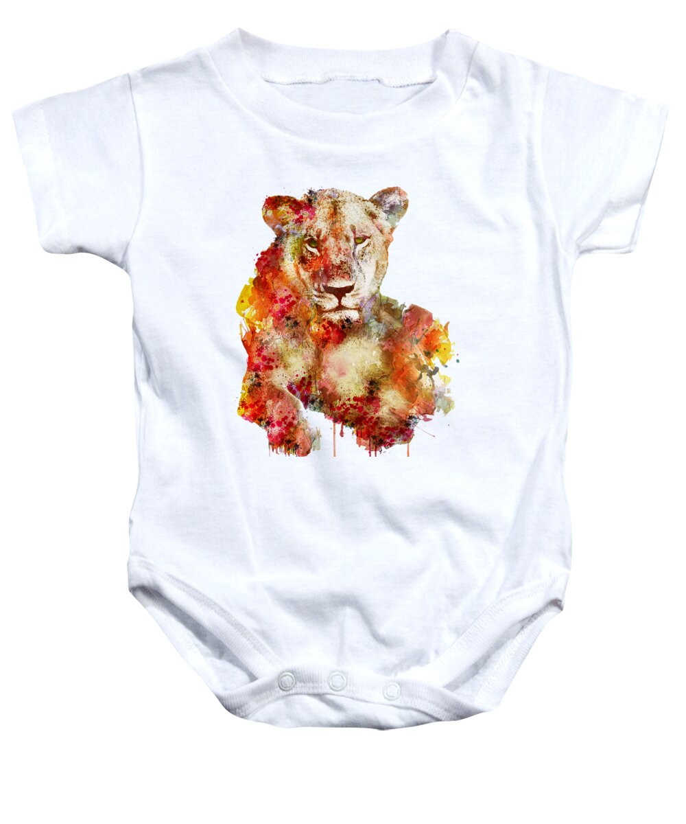 Resting Baby Onesie featuring the painting Resting Lioness in watercolor by Marian Voicu