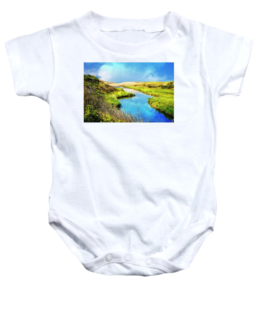 Clouds Baby Onesie featuring the photograph River to the Sea by Debra and Dave Vanderlaan