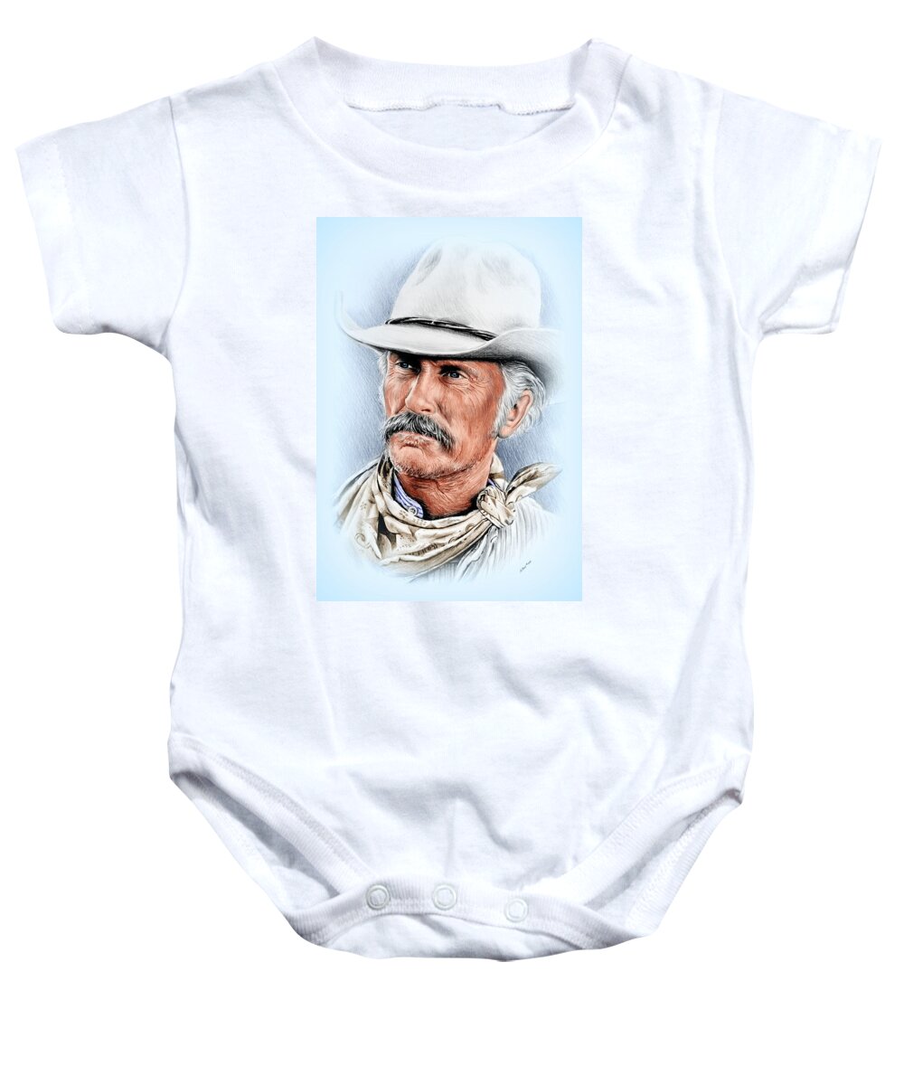 Robert Duvall Baby Onesie featuring the drawing Robert Duvall as Gus McCrae by Andrew Read