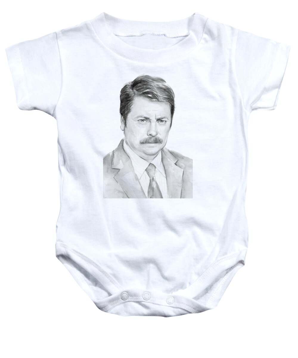 Swanson Baby Onesie featuring the painting Ron Swanson by Olga Shvartsur
